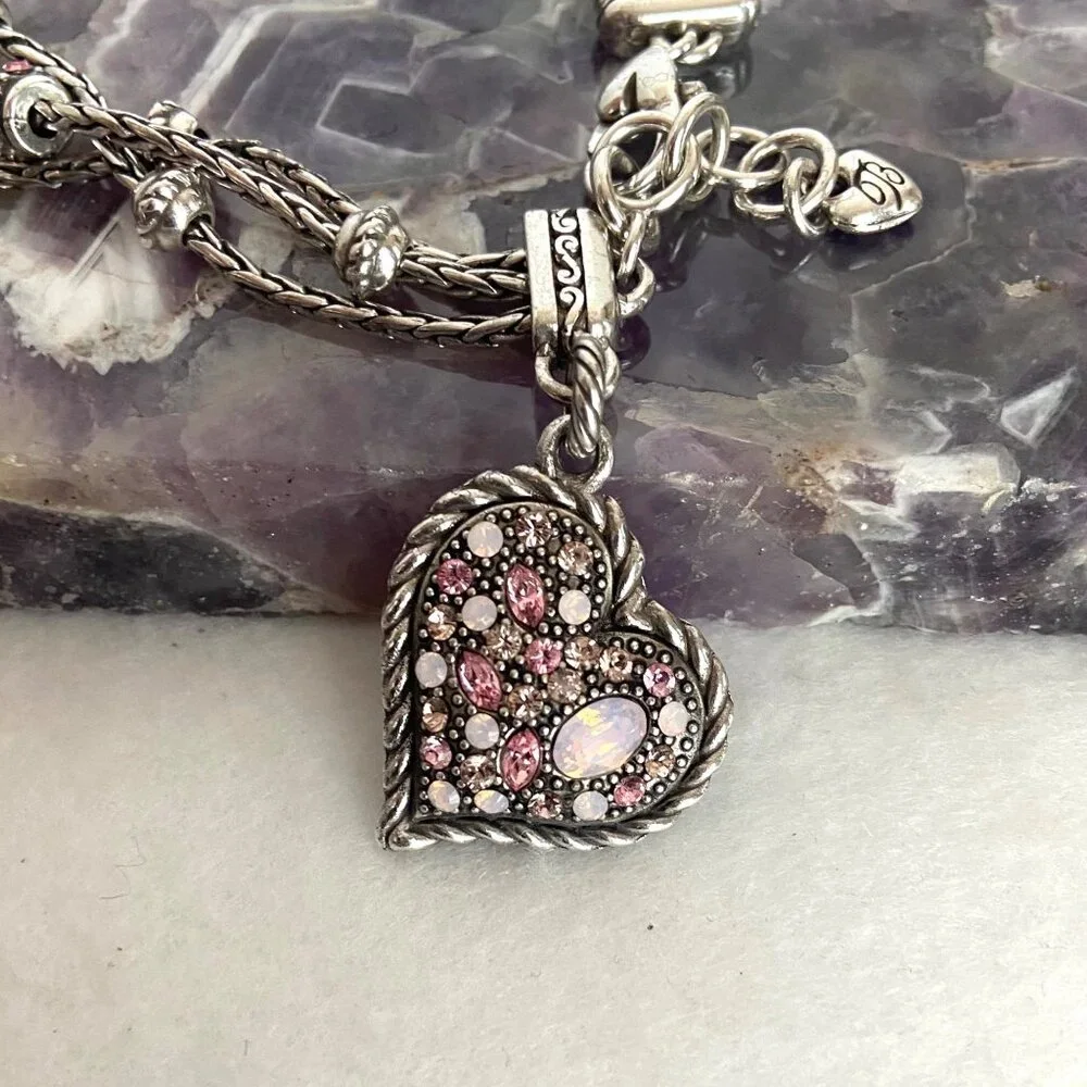 Brighton Power Of Pink Crystal Heart Charm 3 Strand Breast Cancer Bracelet